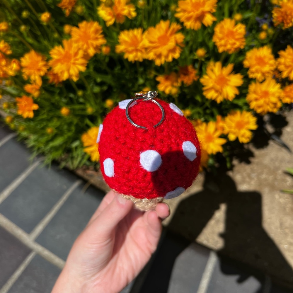3/$20 Hand Crocheted Whimsical Red Mushroom Bag Charm Keychain! - Picture 7 of 11